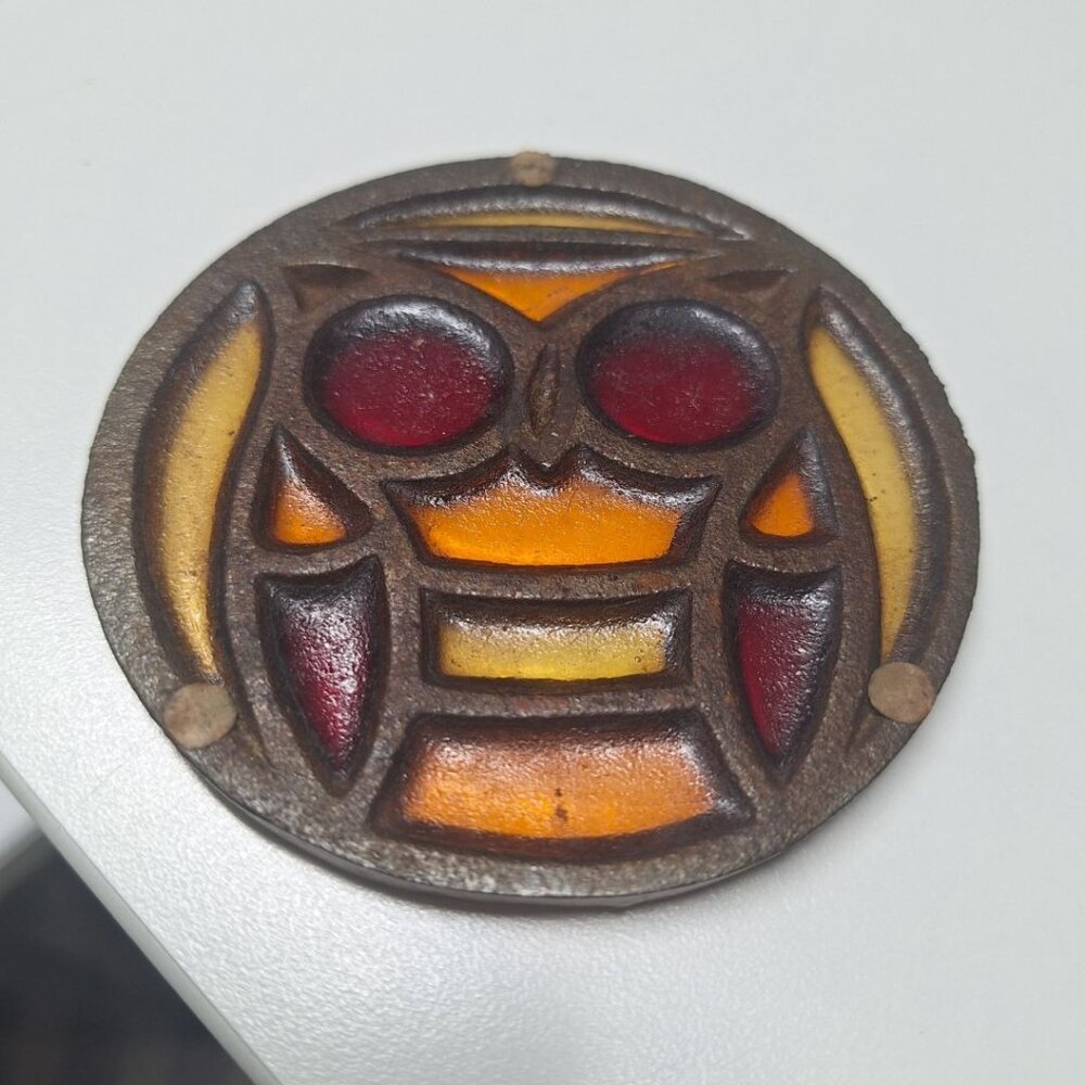 Owl Stained Glass Coaster Metal Vintage Orange Red 3.5 Inches - Picture 8 of 8